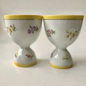Vintage Porcelain Floral Gold Gilded Egg Cups Yellow White Flowers Pink Blue